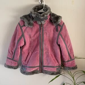Vintage Shebang USA Genuine Pink Leather Hooded Faux Fur Coat Jacket Girl Medium